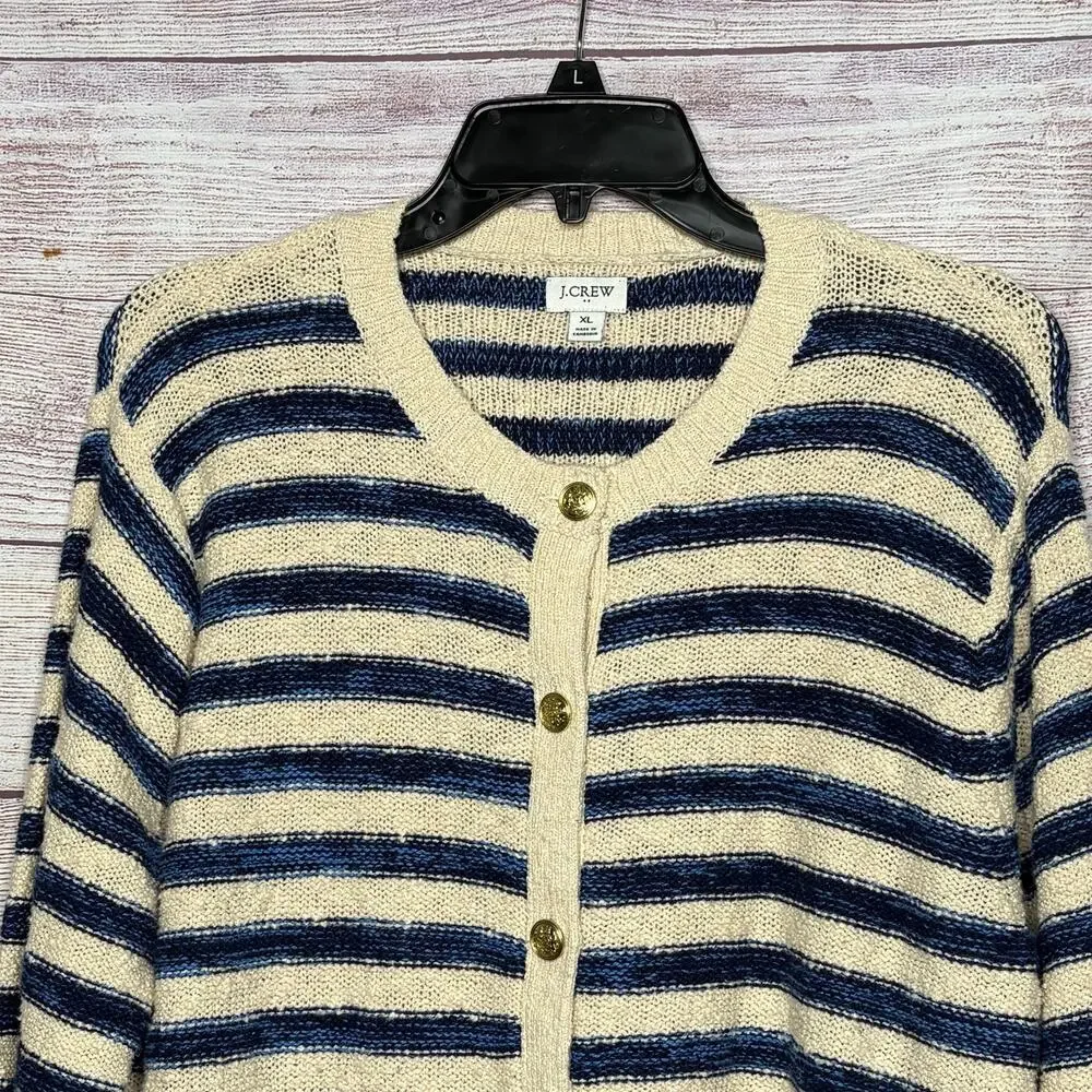 J. Crew Blue & Cream Striped Preppy Cotton Blend Quiet Luxury Cardigan Size XL